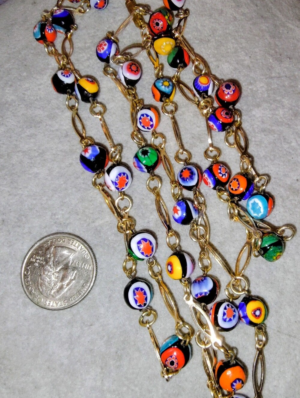 Millefiori Glass Bead Link Station  Necklace, Vintage Flapper Length 52"